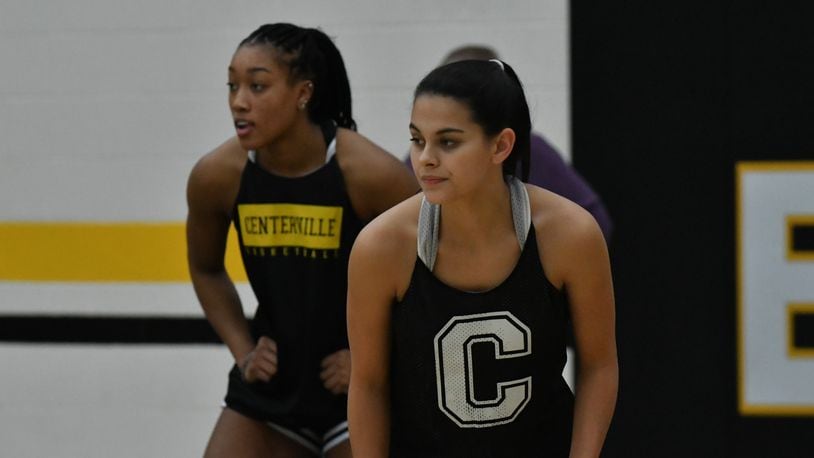 Centerville's Amy Velasco (front) and Cotie McMahon during a practice earlier this season. Greg Billing/CONTRIBUTED