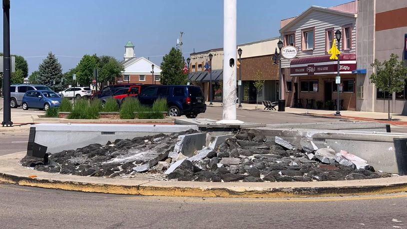 Damage done to the veterans memorial in downtown Fairborn. The flagpole was later removed.