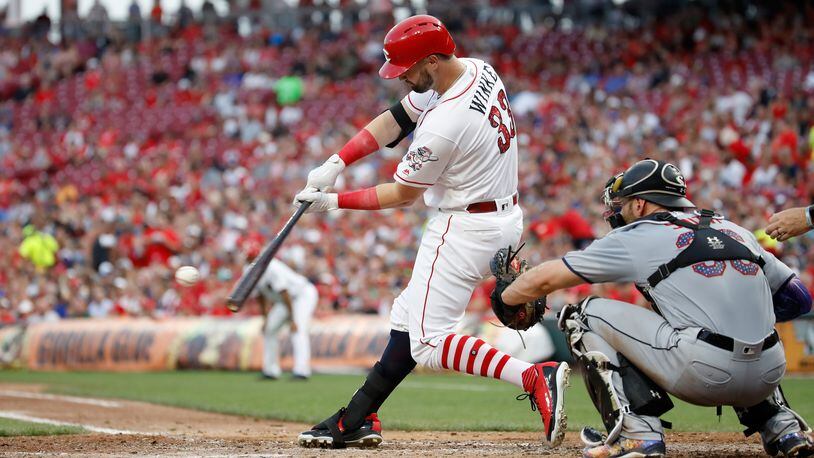 CINCINNATI, OH - JULY 04: Jesse Winker #33 of the Cincinnati Reds hits a two-run single in the fourth inning against the Chicago White Sox at Great American Ball Park on July 4, 2018 in Cincinnati, Ohio. (Photo by Andy Lyons/Getty Images)