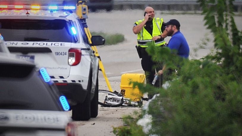 A bicyclist was hit by a vehicle on state Route 4 north near Webster Street in Dayton on Tuesday, Aug. 4, 2020. Staff photo / MARSHALL GORBY