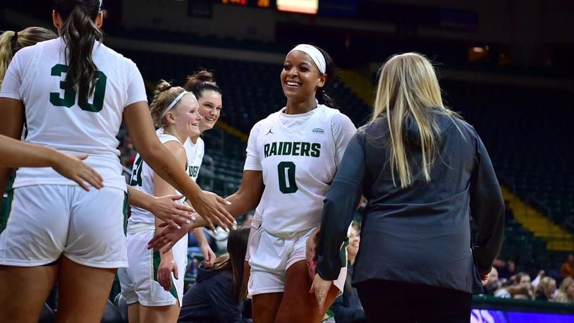 Jada Tate (0) is introduced prior to last week's exhibition game vs. Tiffin at the Nutter Center. Wright State Athletics photo
