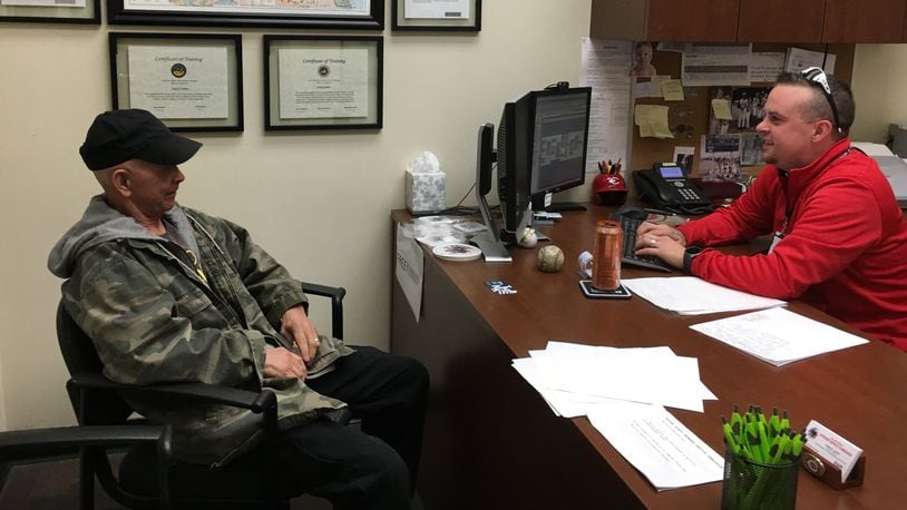 Butler County Veterans Service Commission Service Officer Casey Elliot James works with veteran Robert Roberson to navigate the veterans benefits system.