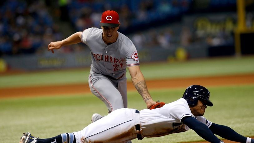 ST. PETERSBURG, FL - JUNE 19: Pitcher Michael Lorenzen #21 of the Cincinnati Reds tags out Tim Beckham #1 of the Tampa Bay Rays after Beckham grounded out to Lorenzen during the seventh inning of a game on June 19, 2017 at Tropicana Field in St. Petersburg, Florida. (Photo by Brian Blanco/Getty Images)