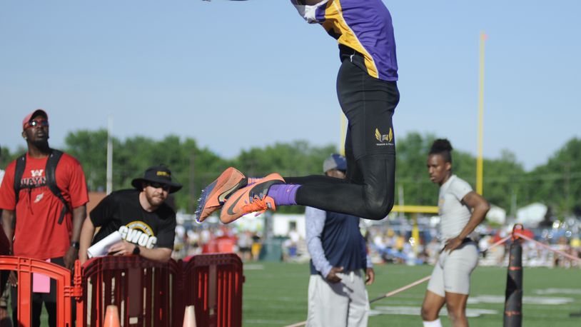 Butler senior Daiton Sharp matched a D-I regional record of 23-11 in winning the long jump. The first day of the D-I regional track and field meet was at Wayne on Wed., May 23, 2018. MARC PENDLETON / STAFF