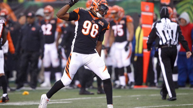 The Bengals’ Carlos Dunlap celebrates a sack. Photo by Joe Robbins/Getty Images