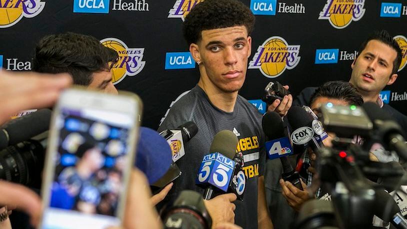 University of California Los Angeles guard Lonzo Ball takes questions from the media after a closed Los Angeles Lakes pre-draft workout in El Segundo, Calif., Wednesday, Jun. 7, 2017. (AP Photo/Damian Dovarganes)