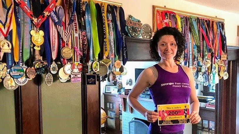 Cancer survivor and pacer Julia Khvasechko will run her 229th marathon at this year’s Air Force Marathon Sept. 21. Khvasecko has ran a marathon in all 50 states twice and is now working on round three, making the Air Force marathon her third marathon run in the state of Ohio. (Courtesy photo)