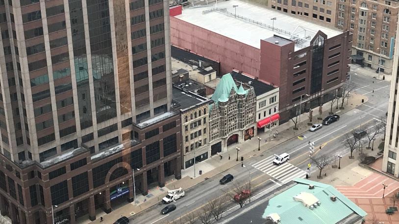 A look down at a section of the Dayton Arcade fronting on Third Street near the intersection with Ludlow, across from Courthouse Square, in a photo taken from the Dayton Club atop Kettering Tower. CHUCK HAMLIN/STAFF