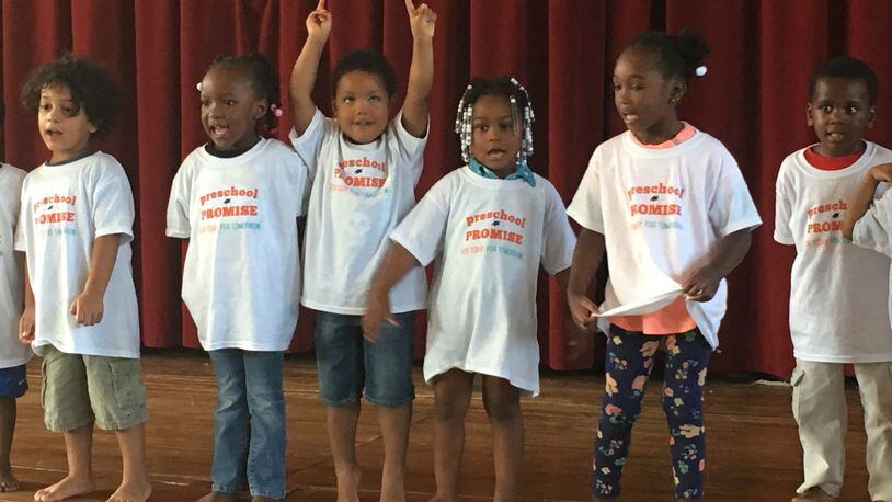 Preschoolers from the YMCA Early Childhood Education & Learning Center sing a song Aug. 31, 2016 at Grace United Methodist Church, kicking off the Northwest Demonstration project of Dayton’s Preschool Promise. JEREMY P. KELLEY / STAFF