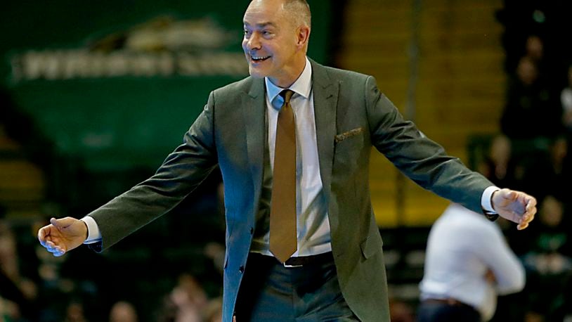 Wright State University head coach Scott Nagy reacts as his team plays IUPUI during their Horizon League game at the Nutter Center in Fairborn Sunday, Feb. 16, 2020. Wright State won 106-66. Contributed photo by E.L. Hubbard