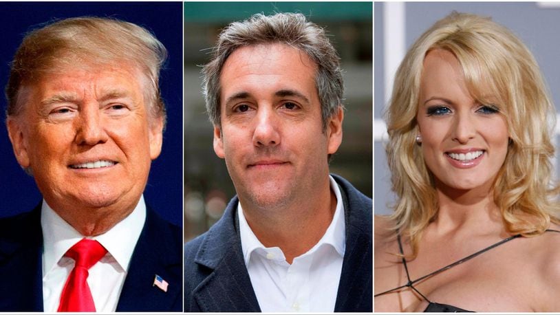This combination photo shows, from left, President Donald Trump, attorney Michael Cohen and adult film actress Stormy Daniels. (AP Photo)