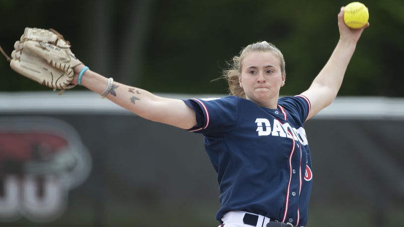 Addy Bullis pitches for Dayton on Friday, May 14, 2021, in the A-10 tournament. Photo by Mitchell Leff, Atlantic 10 Conference