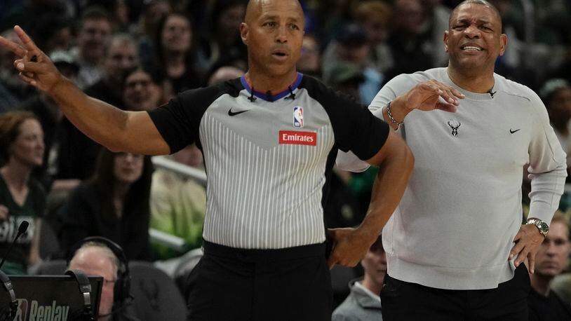 Milwaukee Bucks head coach Doc Rivers reacts to a call during the first half of an NBA basketball game Tuesday, April 9, 2024, in Milwaukee. (AP Photo/Morry Gash)
