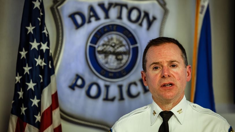 Dayton Interim Chief of Police, Matt Carper talks to the press about the SWAT shooting early Tuesday morning. Jim Noelker\Staff