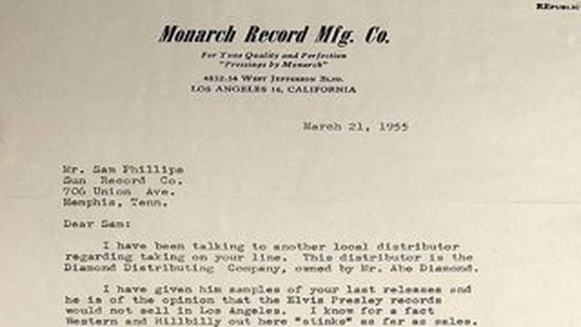 A 1955 rejection letter from record executive Nate Duroff is part of a collection of Elvis Presley memorabilia that will be sold Saturday.

(Credit: Henry Aldridge and Son Ltd.)