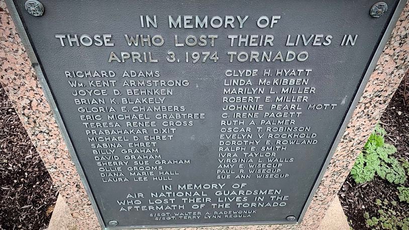 The memorial for those who lost their lives in the April 3, 1974 Xenia tornado. A 35th person, Ruie Drake, who died of internal injuries days later, is included in some accounts of the death toll. MARSHALL GORBY\STAFF