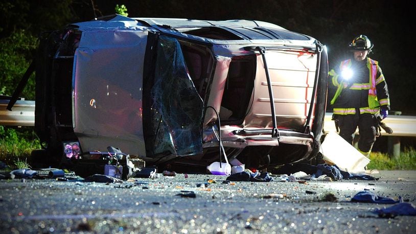 A rollover crash on Interstate 70 closed the westbound lanes in Clark County near the Enon exit on Sunday night, May 2. 2021. MARSHALL GORBY/STAFF