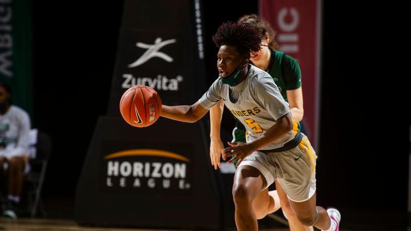 Wright State's Emani Jefferson brings the ball up court in Monday's Horizon League semifinal game vs. Cleveland State. Brian Drumm/Horizon League