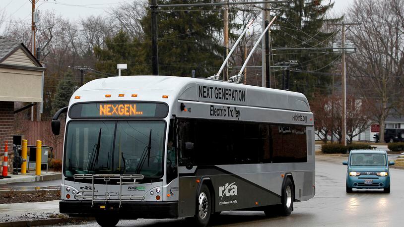 The NexGen electric trolley reaches the end of the route 5 trolley line on Southmoor Circle in Kettering. LISA POWELL / STAFF