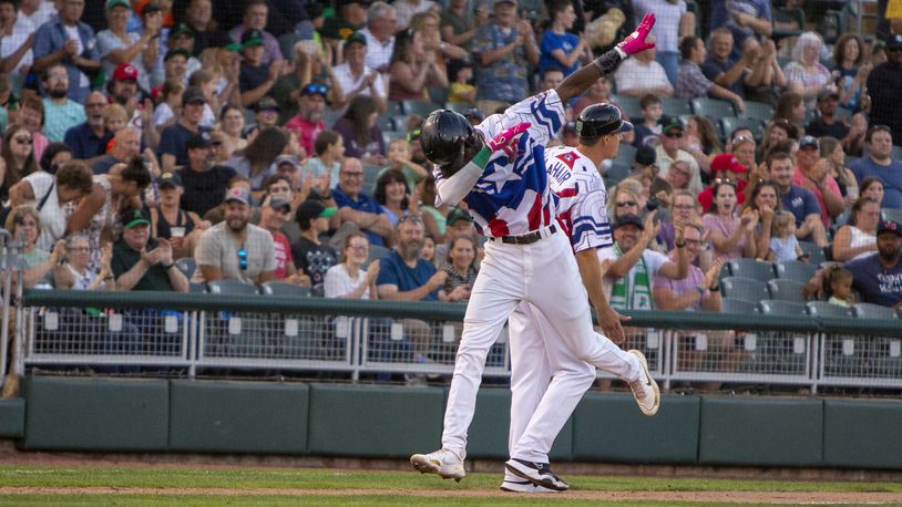 Elly De La Cruz celebrates as he rounds third base after hitting his second home run in the second game of a doubleheader against West Michigan. De La Cruz has 20 homers and leads the Midwest League. CONTRIBUTED/Jeff Gilbert