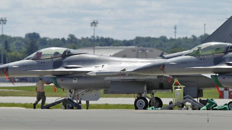 In this file photo, an F-16 Fighting Falcon with the Ohio Air National Guard stands on a tarmac at Wright-Patterson Air Force Base during the jet’s temporary relocation from its home base in Toledo. TY GREENLEES / STAFF FILE PHOTO