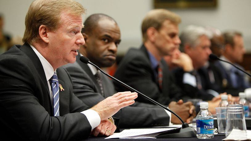 WASHINGTON - OCTOBER 28:  National Football League Commissioner Roger Goodell (L) testifies with others before the House Judiciary Committee about football brain injuries on Capitol Hill October 28, 2009 in Washington, DC. A recent NFL study of retired players suggested that N.F.L. retirees ages 60 to 89 are experiencing moderate to severe dementia at several times the national rate.  (Photo by Chip Somodevilla/Getty Images)