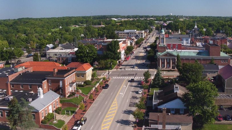 Aerial view of the Broadway Street corridor in downtown Lebanon. Lebanon City Council voted to repeal the year-old Sanctuary City for the Unborn ordinance and replaced it with an ordinance that conforms to the recent Dobbs v. Jackson Womens Health Organization ruling handed down by the U.S. Supreme Court. FILE PHOTO