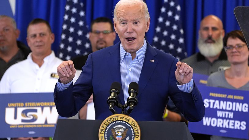 President Joe Biden speaks at the United Steelworkers Headquarters in Pittsburgh, Wednesday, April 17, 2024. (AP Photo/Gene J. Puskar)