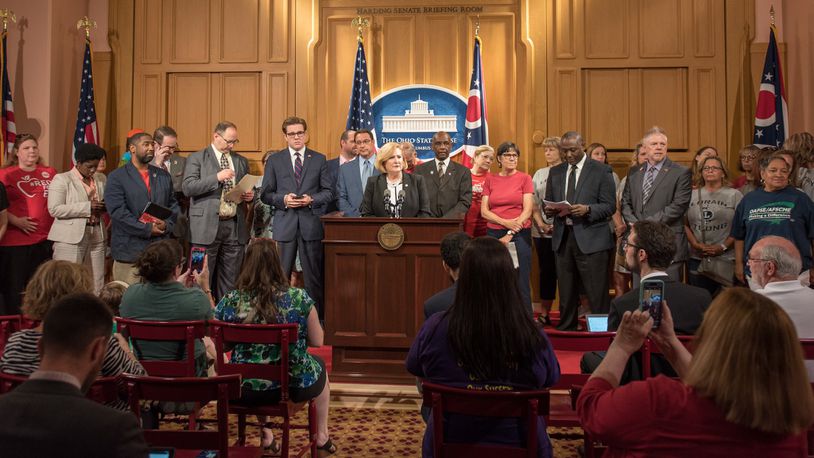 State Sen. Teresa Fedor (at podium) joins with educators and politicians to lobby for the end of Ohio’s state takeover system for struggling schools, Wednesday, June 26 in Columbus. CONTRIBUTED