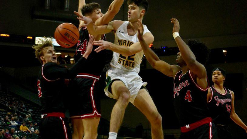 Wright State's Andrew Welage makes a pass vs. IUPUI at the Nutter Center on Jan. 8, 2022. The Raiders routed the Jaguars on the road Thursday night. Jessica Roberts/Wright State Athletics