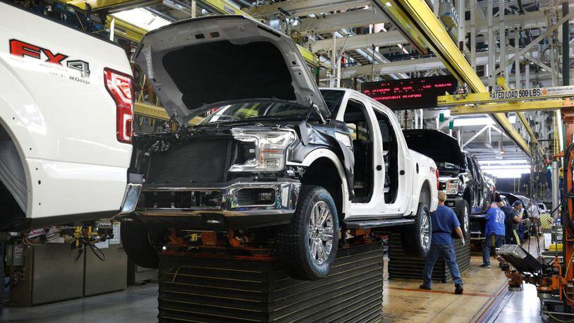 FILE PHOTO: Ford F150 trucks go through the assembly line at a Ford Plant. Plants around Detroit are starting to reopen after being close due to the coronavirus pandemic.