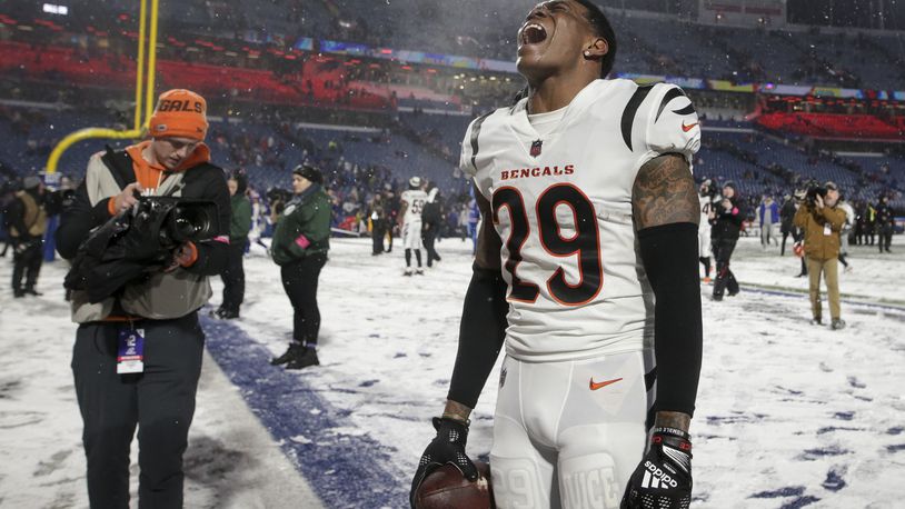 Cincinnati Bengals cornerback Cam Taylor-Britt (29) reacts after the Bengals beat the Buffalo Bills in an NFL division round football game, Sunday, Jan. 22, 2023, in Orchard Park, N.Y. (AP Photo/Joshua Bessex)
