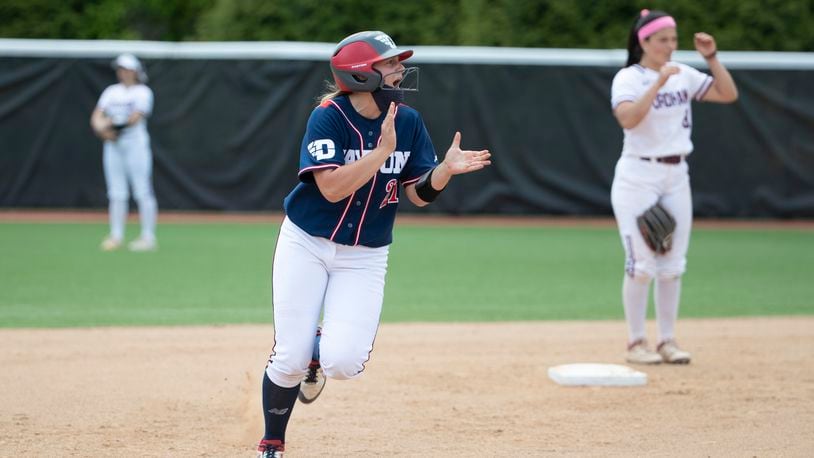 Dayton's Megan Gist celebrates after a home run in the third inning against Fordham in the A-10 tournament on Friday, May 14, 2021, in Philadelphia, Pa. Photo by Mitchell Leff, Atlantic 10 Conference