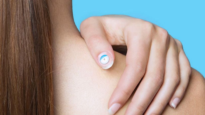 L’Oreal’s UV Sense, a wearable electronic UV sensor affixed to a user’s thumbnail. It measures individual UV exposure and is designed to be worn for up to two weeks. (L’Oreal)
