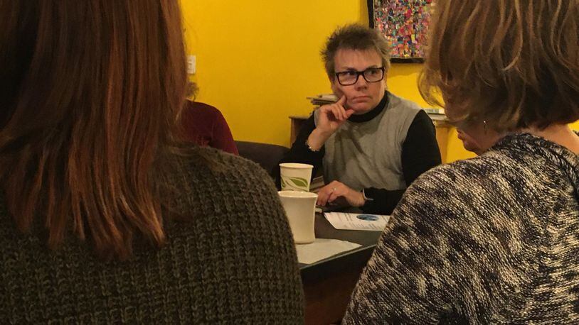 Parents of Yellow Springs students asked questions and expressed concerns with Superintendent Terri Holden during her first “Coffee Talks with Terri” event at the Emporium Wines & Underdog Cafe Tuesday Nov. 19, 2019. RICHARD WILSON/STAFF