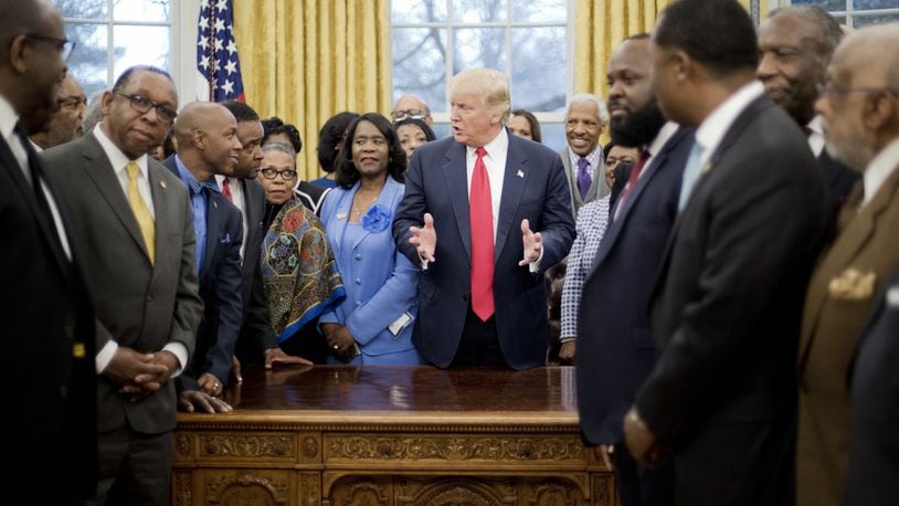 President Donald Trump meets with leaders of Historically Black Colleges and Universities (HBCU) in the Oval Office of the White House in Washington, Monday, Feb. 27, 2017. (AP Photo/Pablo Martinez Monsivais)