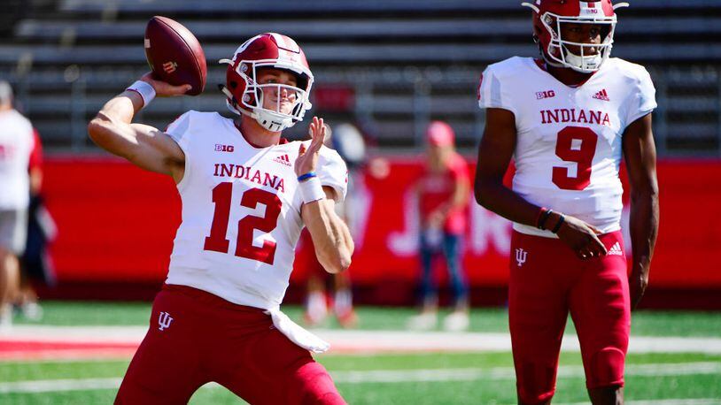 PISCATAWAY, NJ - SEPTEMBER 29: Peyton Ramsey #12 of the Indiana Hoosiers throws next to teammate Michael Penix Jr. #9 before the game against the Rutgers Scarlet Knights at HighPoint.com Stadium on September 29, 2018 in Piscataway, New Jersey. (Photo by Corey Perrine/Getty Images)