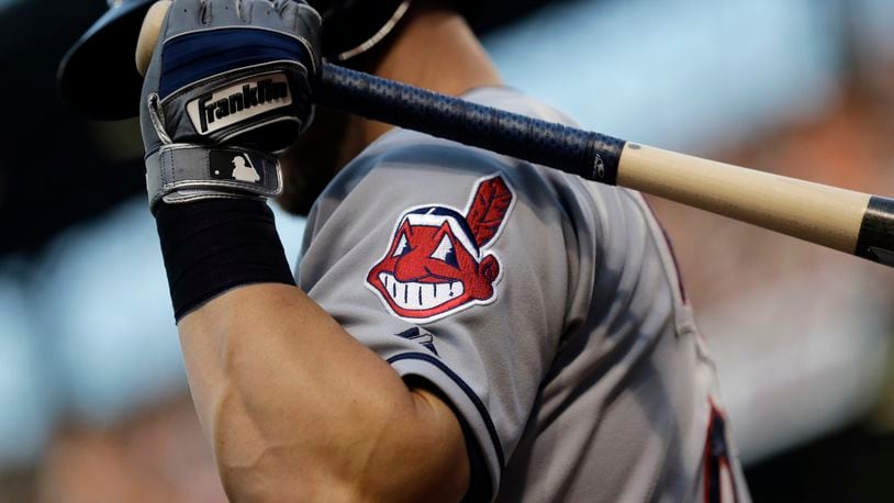 FILE - This June 26, 2015, file photo, shows the Cleveland Indians logo on a jersey during a baseball game against the Baltimore Orioles in Baltimore. Indians are taking the divisive Chief Wahoo logo off their uniforms and caps, starting in 2019. (AP Photo/Patrick Semansky, File)