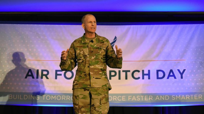 Air Force Vice Chief of Staff Gen. Stephen W. Wilson speaks to a crowd of small businesses, venture capitalists and Airmen during the inaugural Air Force Pitch Day inNew York, March 7, 2019. Air Force Pitch Day is designed as a fast-track program to put companies on one-page contracts and same-day awards with the swipe of a government credit card. The Air Force is partnering with small businesses to help further national security in air, space and cyberspace. (U.S. Air Force photo/Tech Sgt. Anthony Nelson Jr.)
