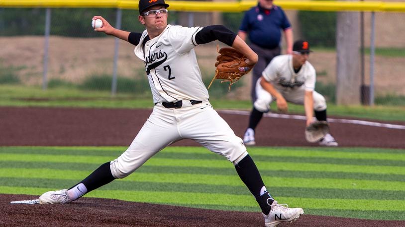 Beavercreek pitcher Jack Woolf shut out Centerville on four hits Tuesday to lead the Beavers to a 4-0 victory against Centerville. The Beavers advanced to Thursday's Division I district final against Cincinnati Elder. Jeff Gilbert/CONTRIBUTED