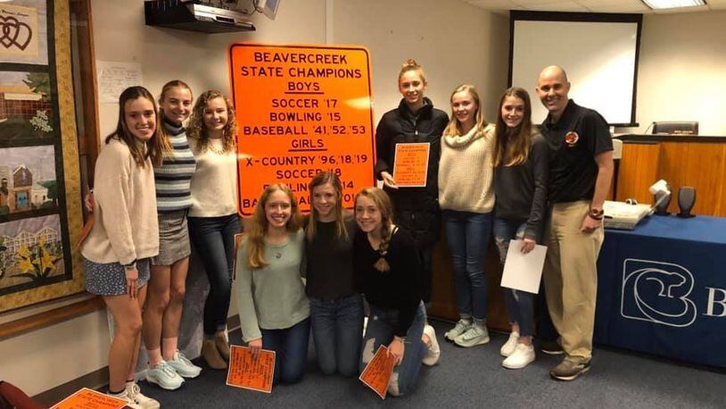 The Beavercreek High School girls cross country team is recognized by council members at the Beavercreek City Council meeting on Monday, January 27, 2020. CONTRIBUTED
