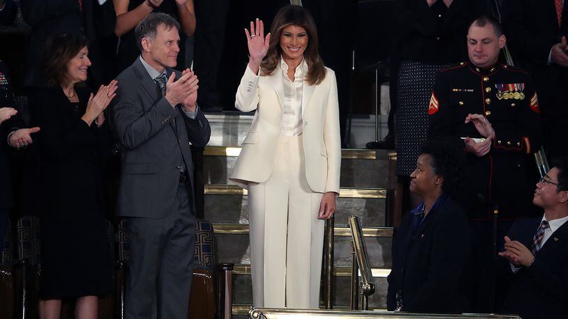 WASHINGTON, DC - JANUARY 30:  First lady Melania Trump arrives for the State of the Union address in the chamber of the U.S. House of Representatives January 30, 2018 in Washington, DC. This is the first State of the Union address given by U.S. President Donald Trump and his second joint-session address to Congress.  (Photo by Mark Wilson/Getty Images)