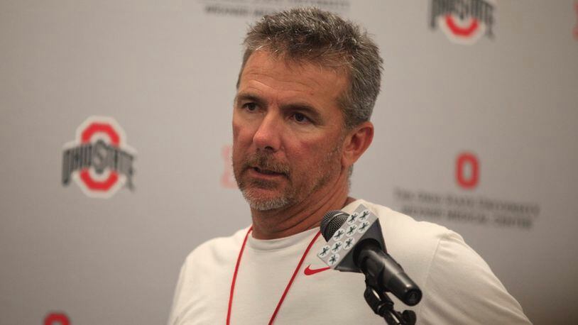 Ohio State’s Urban Meyer speaks at a press conference on Monday, Aug. 14, 2017, at the Woody Hayes Athletic Center in Columbus. David Jablonski/Staff