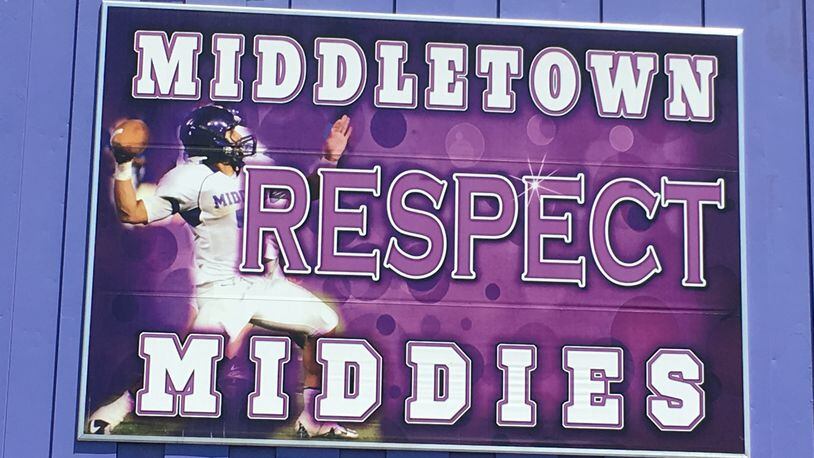 A Middletown High School banner is posted at Barnitz Stadium in Middletown. RICK CASSANO/STAFF