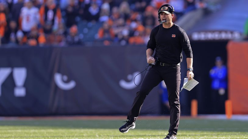 Cincinnati Bengals head coach Zac Taylor shouts during the first half of an NFL football game against the Cleveland Browns, Sunday, Nov. 7, 2021, in Cincinnati. (AP Photo/Aaron Doster)