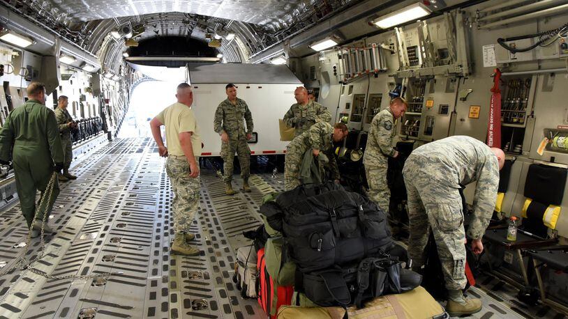 A six person team from the 269th Combat Communications Squadron, Ohio Air National Guard board a C-17 Globemaster III as they prepare to fly to St. Thomas, U.S. Virgin Island in support of Hurricane Irma relief efforts Sept. 7. The 269 CBCS provides tactical communication support to those involved in the hurricane relief efforts. Contributed photo