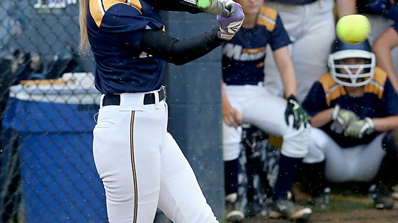 Monroe’s Sarah Eschmeyer connects for the two-run single that ended Wednesday’s game against visiting Franklin in the bottom of the fifth inning. CONTRIBUTED PHOTO BY E.L. HUBBARD