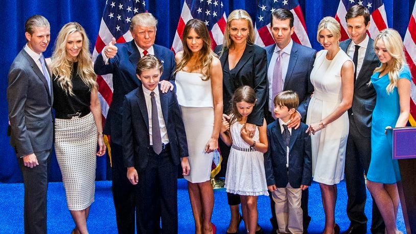 NEW YORK, NY - JUNE 16:   (L-R) Eric Trump, Lara Yunaska Trump, Donald Trump, Barron Trump, Melania Trump, Vanessa Haydon Trump, Kai Madison Trump, Donald Trump Jr., Donald John Trump III, Ivanka Trump, Jared Kushner, and Tiffany Trump pose for photos on stage after Donald Trump announced his candidacy for the U.S. presidency at Trump Tower on June 16, 2015 in New York City. Trump is the 12th Republican who has announced running for the White House.  (Photo by Christopher Gregory/Getty Images)