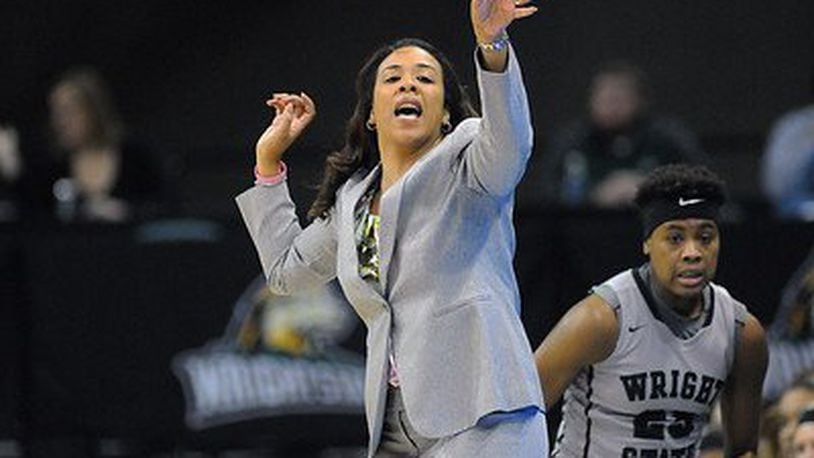 Wright State women’s basketball coach Katrina Merriweather during a game last season. Tim Zechar/Contributed photo