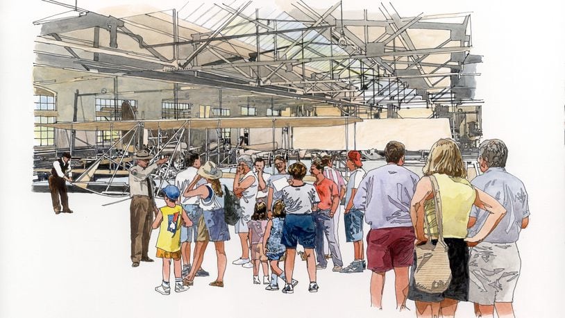An artist’s rendering of the Wright Co. factory restored as a national park unit. In this interior view a ranger guides visitors as re-enactors build a Wright Model B airplane. Image courtesy of the National Aviation Heritage Alliance.